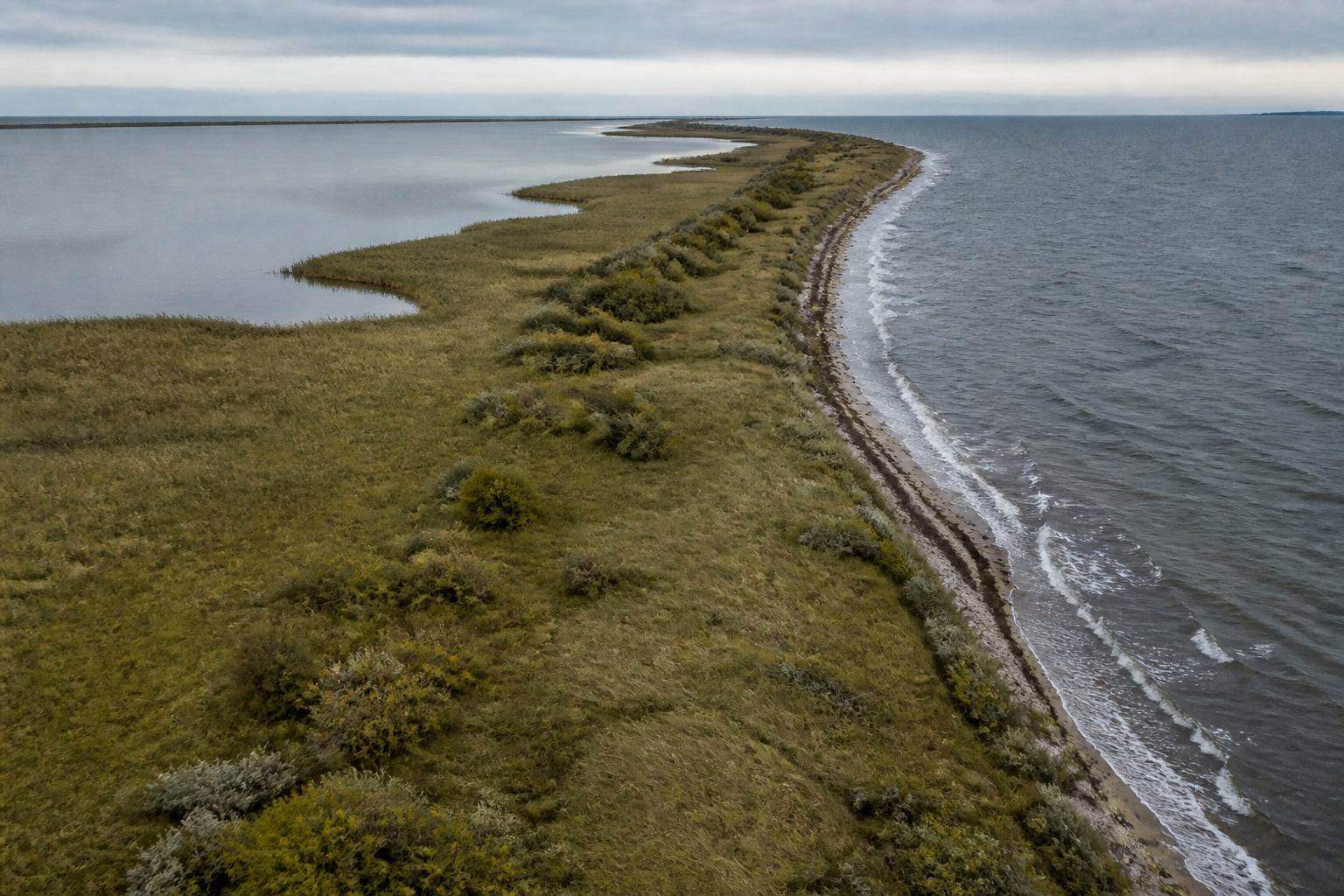 Schmale Landzunge zwischen Ostsee und Bodden mit Schilf und Wasser